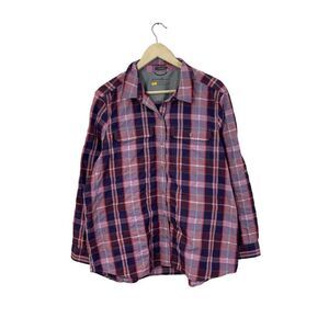 Eddie Bauer Travex X-Large Button Shirt Plaid Roll Tabs Travel Purple Womens